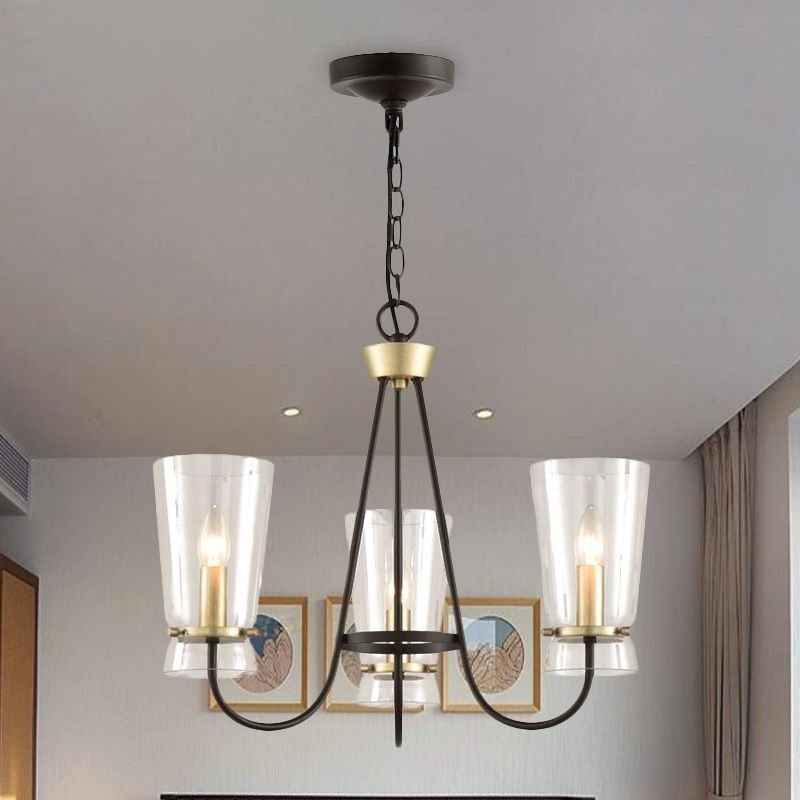 Heldere glazen kegel hangende kroonluchter vintage 3/6 lichten slaapkamer suspensielamp in zwart met gebogen arm