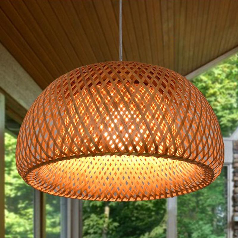 Bowl Bamboo Hanging Pendant Light Chinese Style Beige Pendant Ceiling Light for Restaurant