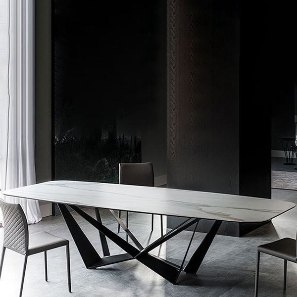 Industrial Sintered Stone Table for Restaurant Rectangle Dining Table with Black Pedestal
