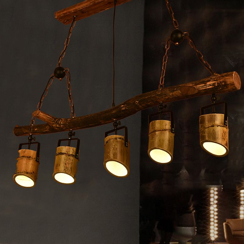 Wood Linear Island Pendant Light Farmhouse Bamboo 5 Lights Restaurant Hanging Lamp