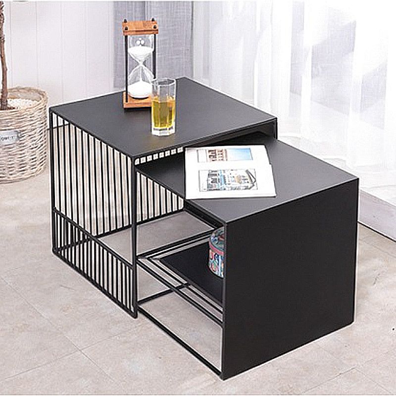 Square Nesting Coffee Table Set Metal Frame Coffee Cocktail Table with Shelf