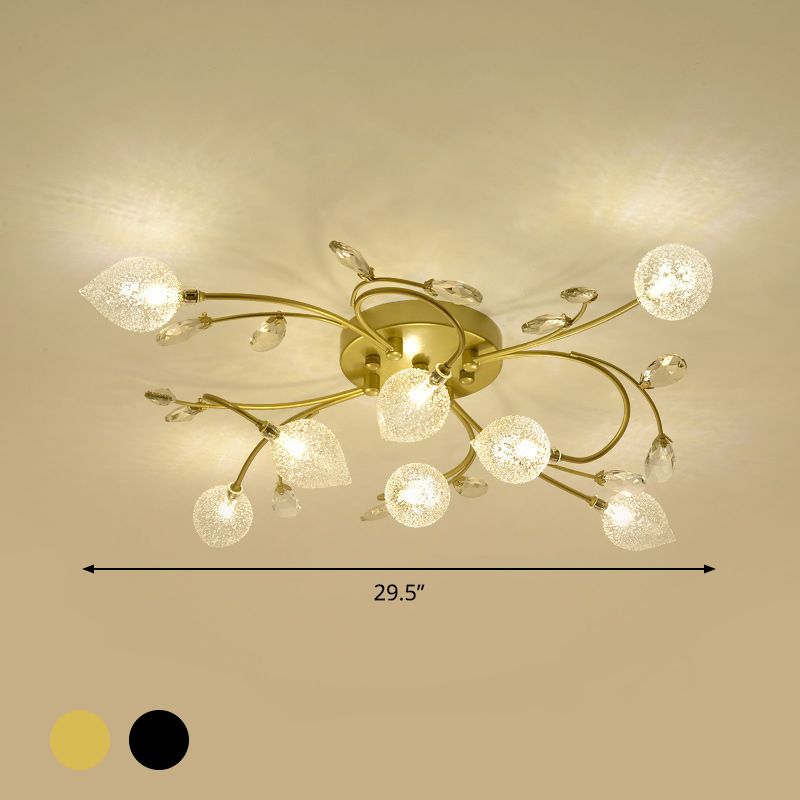 Sputnik Semi Flush Light Rustic Clear Glass 8/12-Head Bedroom Ceiling Flush Mount with Crystal Deco in Black/Gold