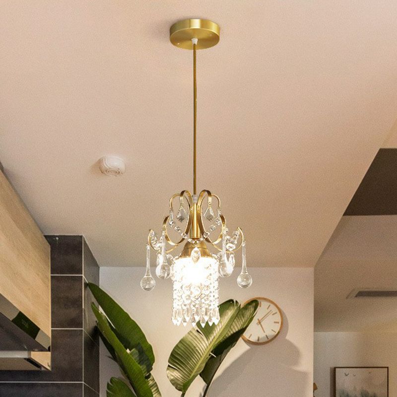 Gold 1-Light Pendant Lighting Traditional Clear Crystal Fringe Suspension Light for Dining Room