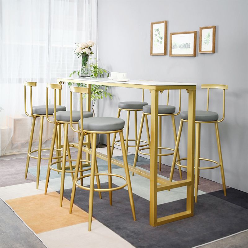 Glam Rectangle Stone Pub Bar Table Gold Iron Bar Dining Table with Trestle Pedestal