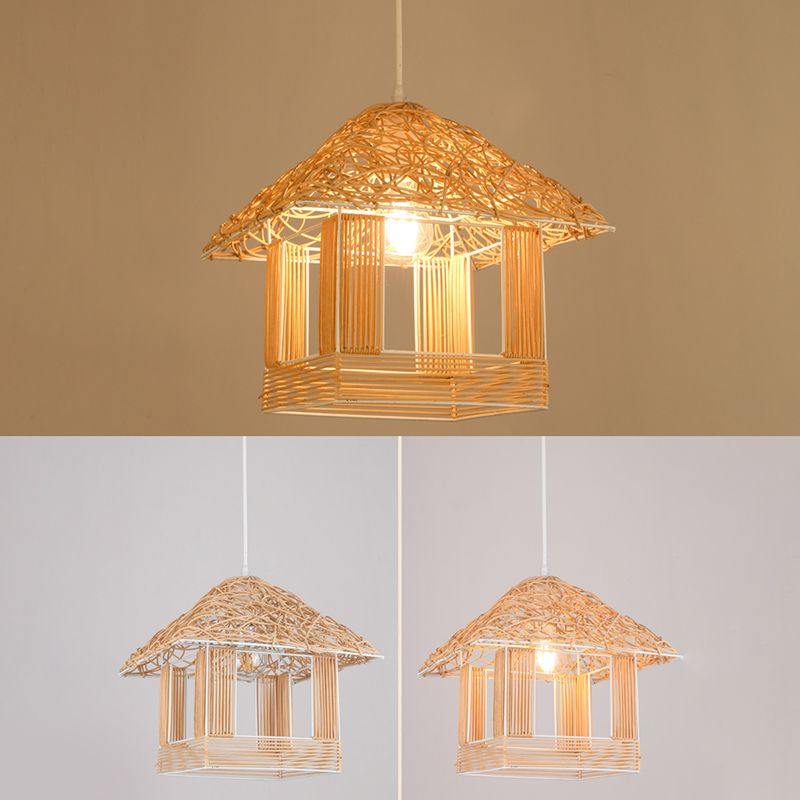 Asian Pendant Lighting Fixture 1-Light Beige Hanging Lamp Kit with Rattan Shade