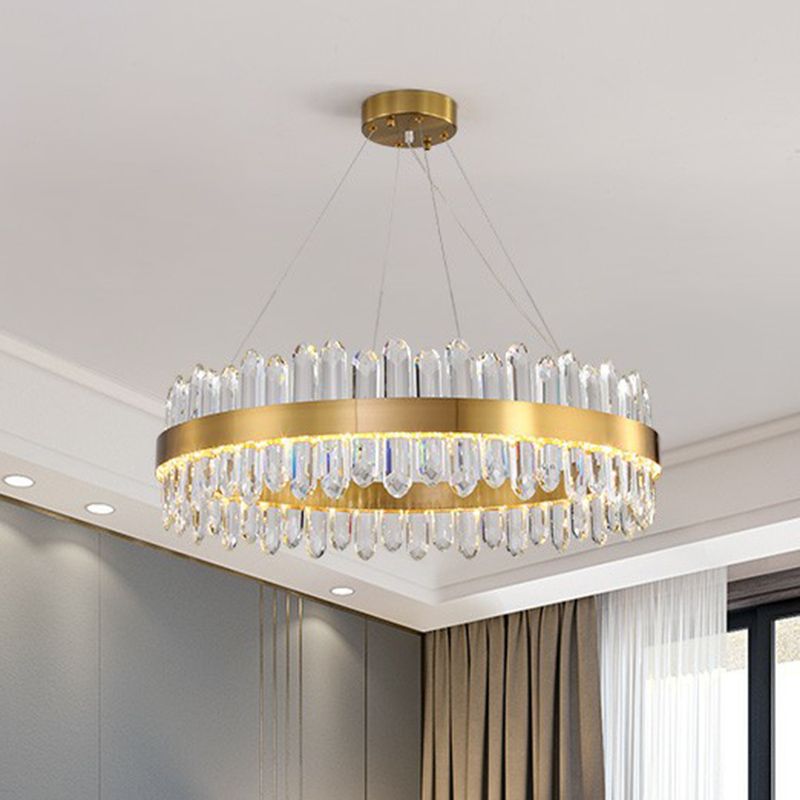Gold Finish Halo Chandelier Pendant Minimalist K9 Crystal Icicle LED Hanging Light Fixture