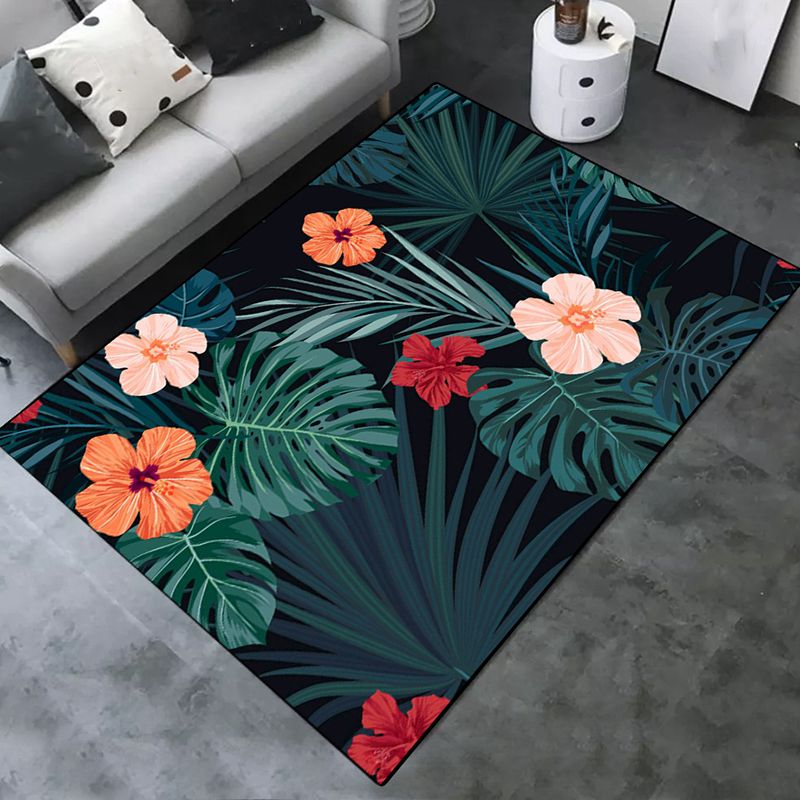 Green Tone Modern Indoor Rug Polyester Leaves Print Carpet Non-Slip Backing Rug for Home Decoration