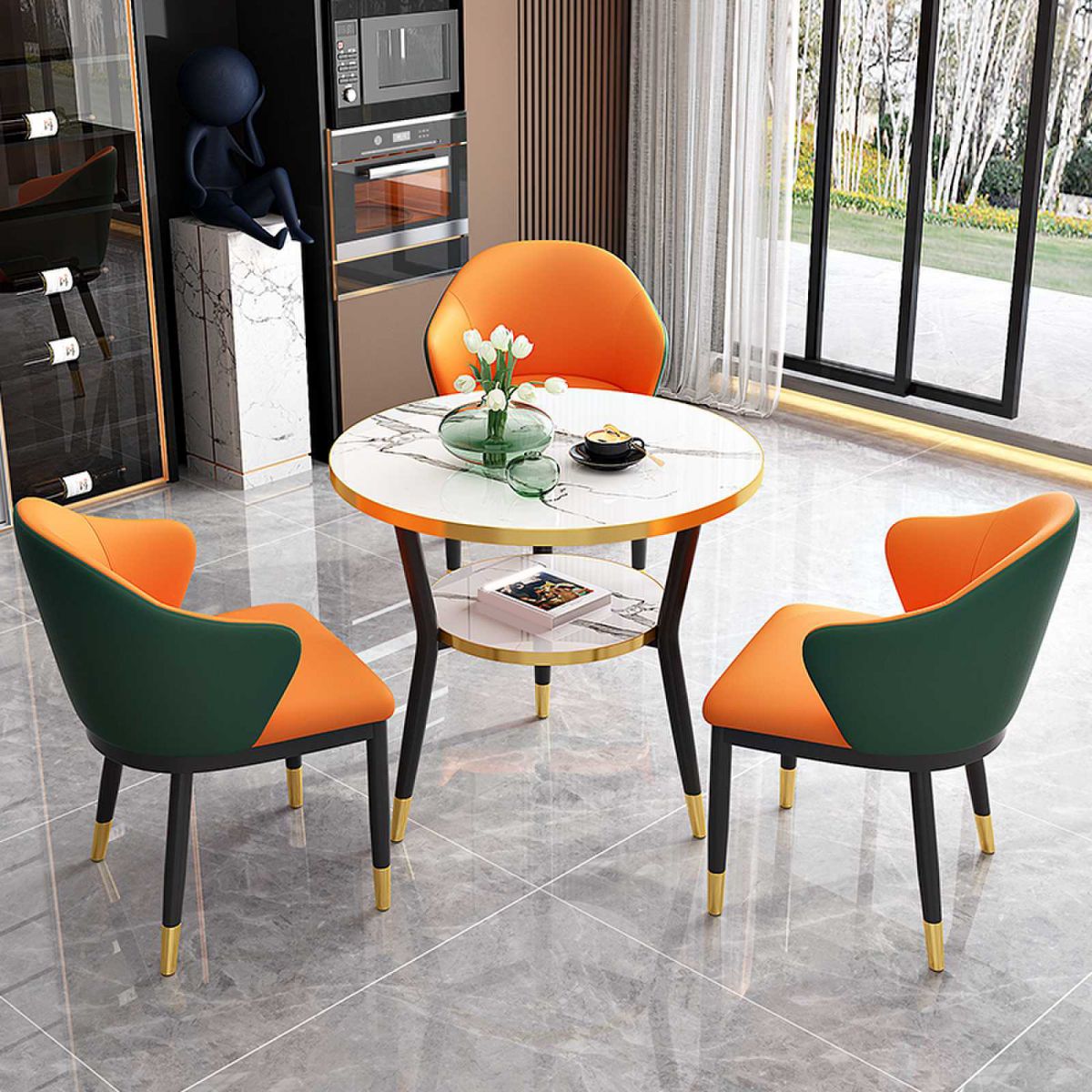 Glossy White Stone Dining Table Set 1/2/4 Pcs Glam Dinette Set with Leather Chairs