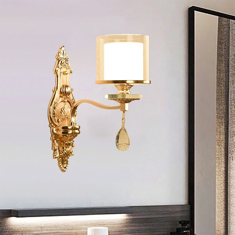 Finitura dorata Cilindro SCONCE LIGHT Vintage 1/2-Bulb Lampada da parete in metallo con doppia tonalità di vetro e cristallo deco