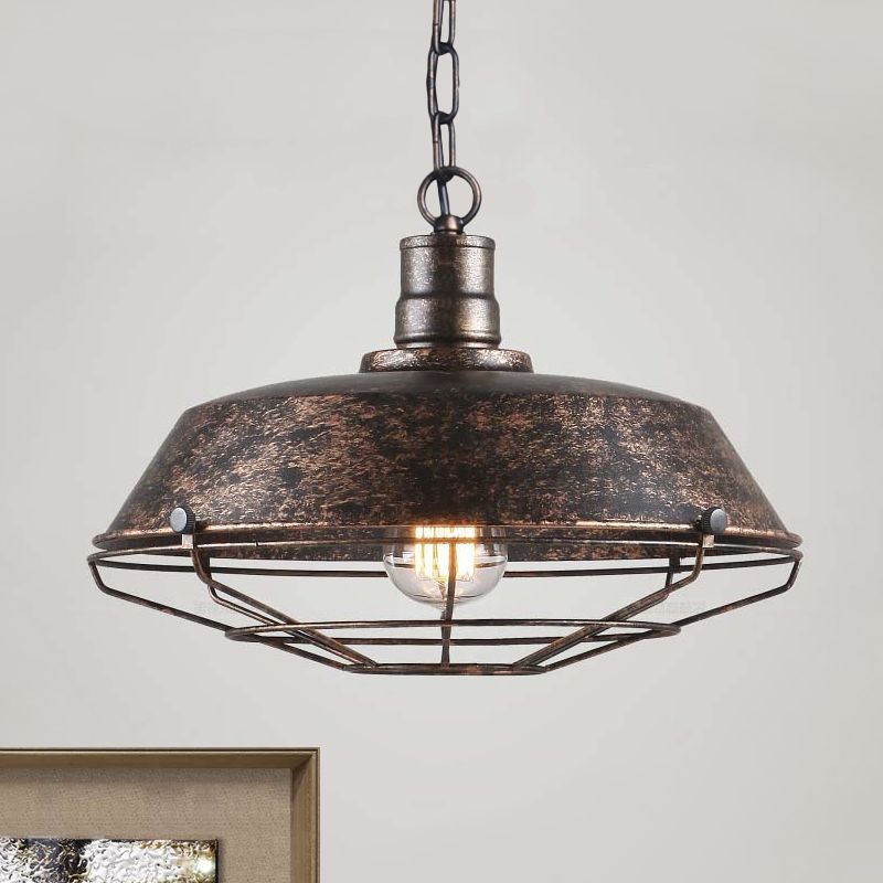 Luce a sospensione a gabbia a filo a filo elegante rustico con tonalità di fienile 1 lampada a soffitto di ferro leggero in ottone/ruggine antichi, larghezza 10 "/14"/18 "