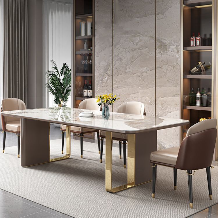 Moderne gesinterde stenen tafel set van 5/7 met rechthoektafel dinerset met gouden dubbele voetstuk