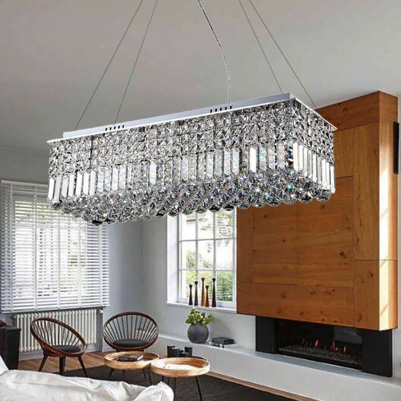 8 Lights Living Room Chandelier Light with Rectangle Crystal Shade Modern Chrome Hanging Ceiling Light