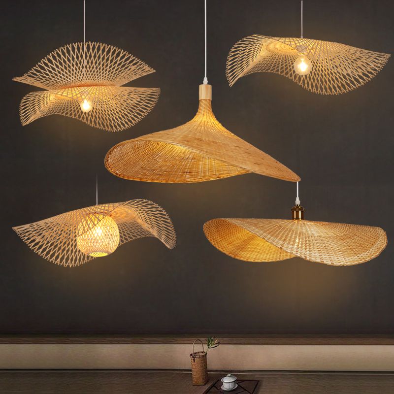 1-Light Chinese Style Bamboo Pendant Light Geometric Hanging Pendant for Tea Room