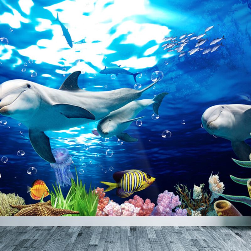 Kids Undersea World Mural Wallpaper Blue Aquarium Wall Covering for Child Bedroom