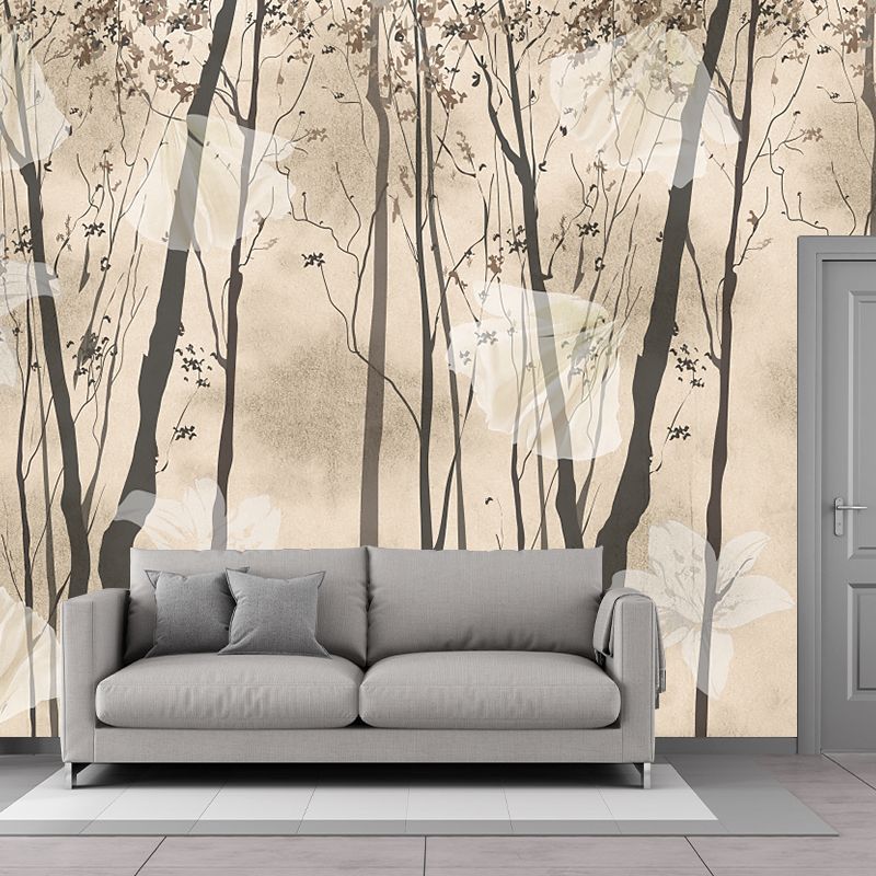 Floral Print Forest Wall Murals Contemporary Non-Woven Wall Art in Black and Yellow
