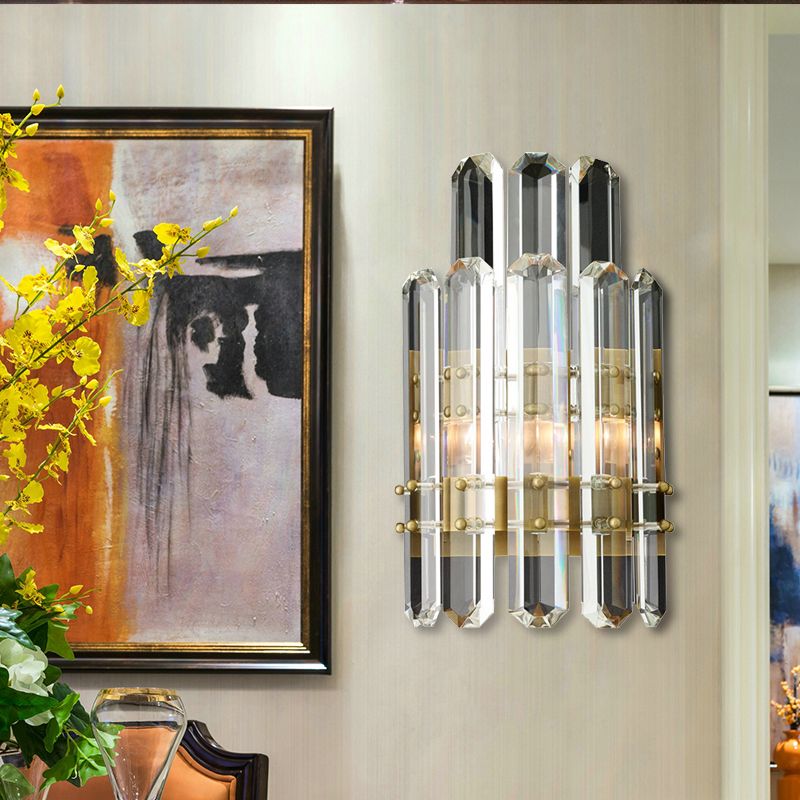 1/2-Bulb Bedside Wall Sconce Contemporary Style Chrome/Gold Wall Mounted Lamp with Clear Crystal Prism
