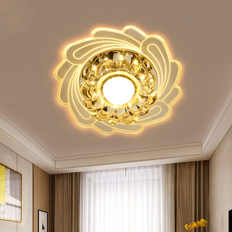 Floral Crystal Ceiling Light Flush Mount Simplicity LED Hallway Flushmount in White with Spiral Edge, Warm/White/Multi Color Light