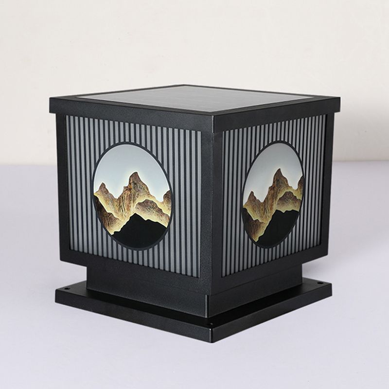 Modern Metal Solar Pillar Lamp Square Shape Outdoor Waterproof Light in Black