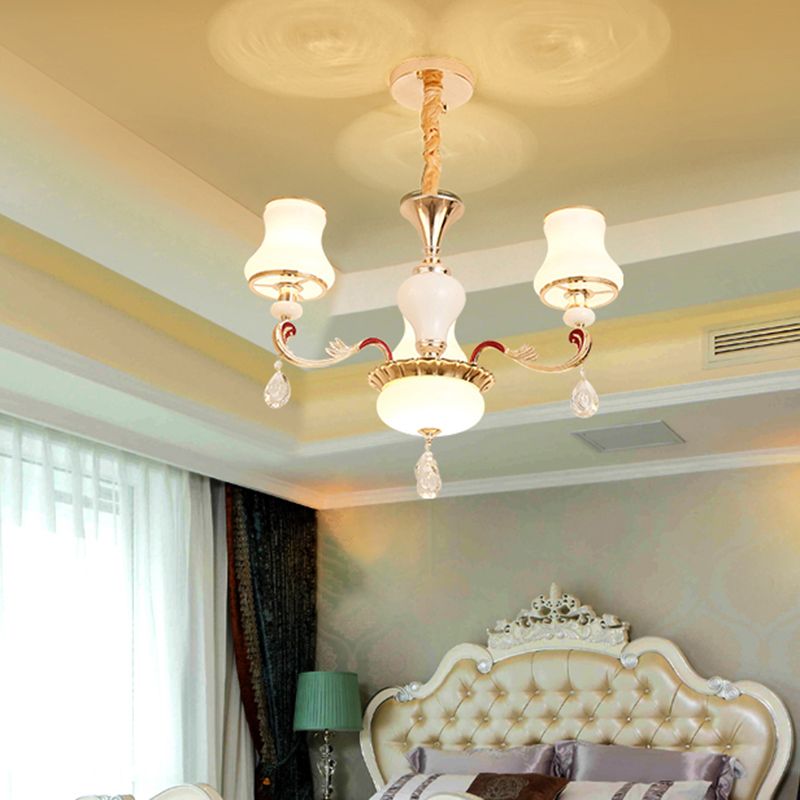White Glass Bud Ceiling Lighting Traditional Living Room Chandelier Light Fixture with Crystal Draping