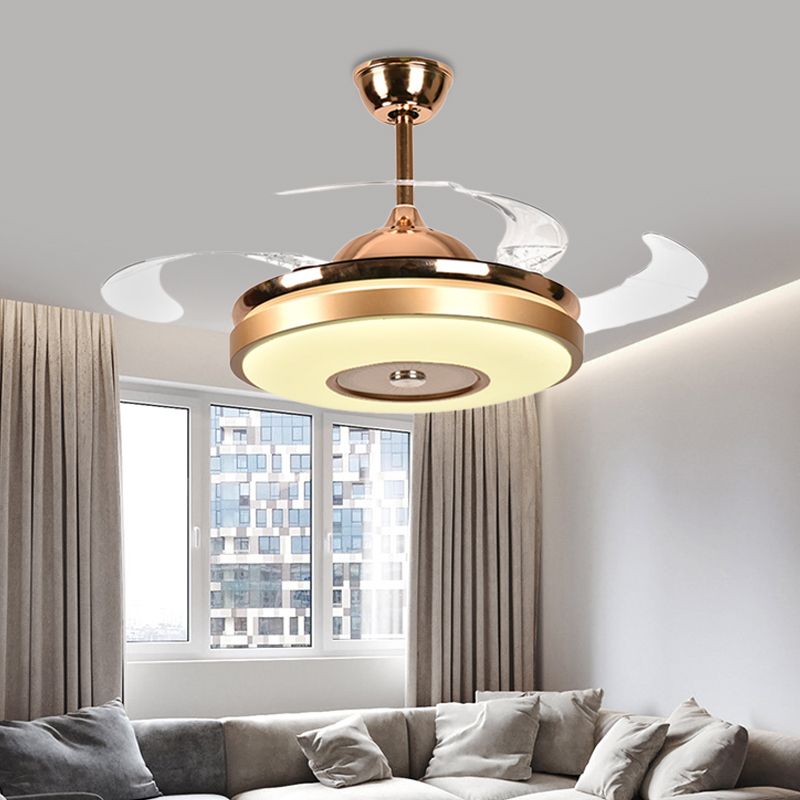 Ring woonkamer ventilatorverlichting eenvoudige acryl LED Gold semi-flush montage plafondlicht met 4 heldere messen, 36 "/42" breed