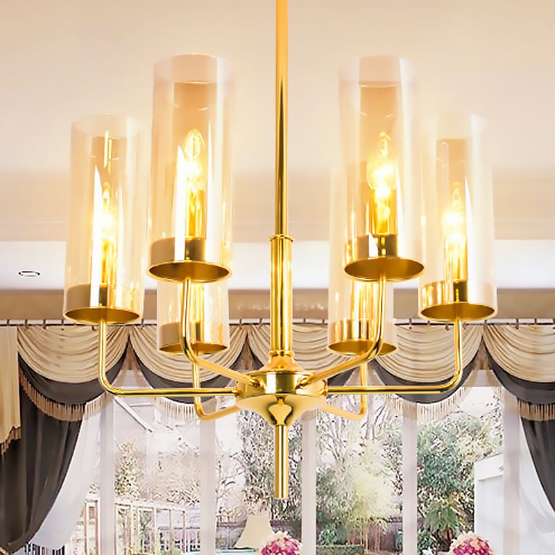 Post Modern Cylinder Chandelier Blue/Amber Glass 6/10 Lights Living Room Hanging Light in Gold