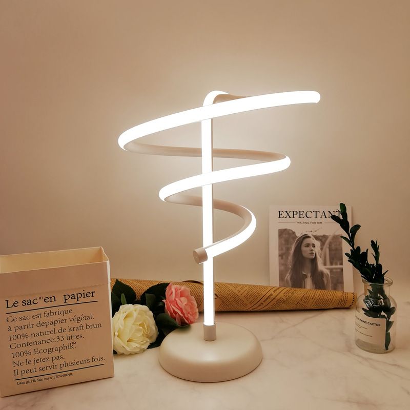 White Swirly Task Lighting Minimalist LED Acrylic Small Desk Lamp with Circle Metal Base, Wam/White Light