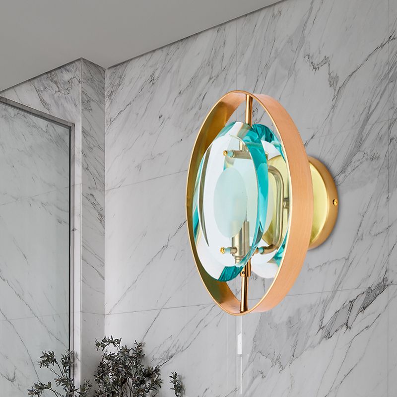 Green Crystal Gold Wall Lamp Elliptical Single Head Vintage Wall Sconce Light with Circular Backplate