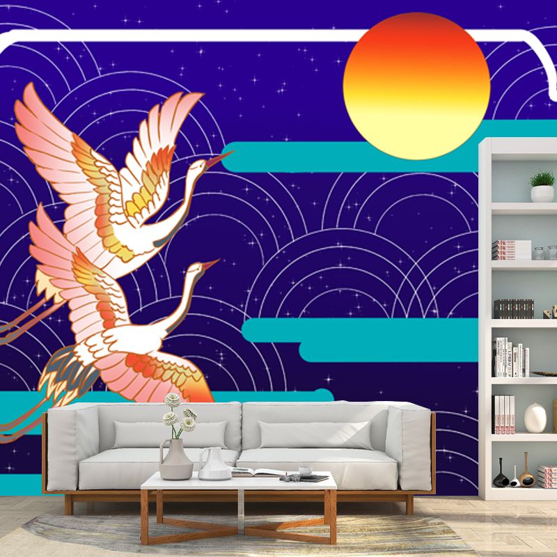 Blue Oriental Wall Covering Mural Large Crane Birds Flying to the Moon Wall Art for Home