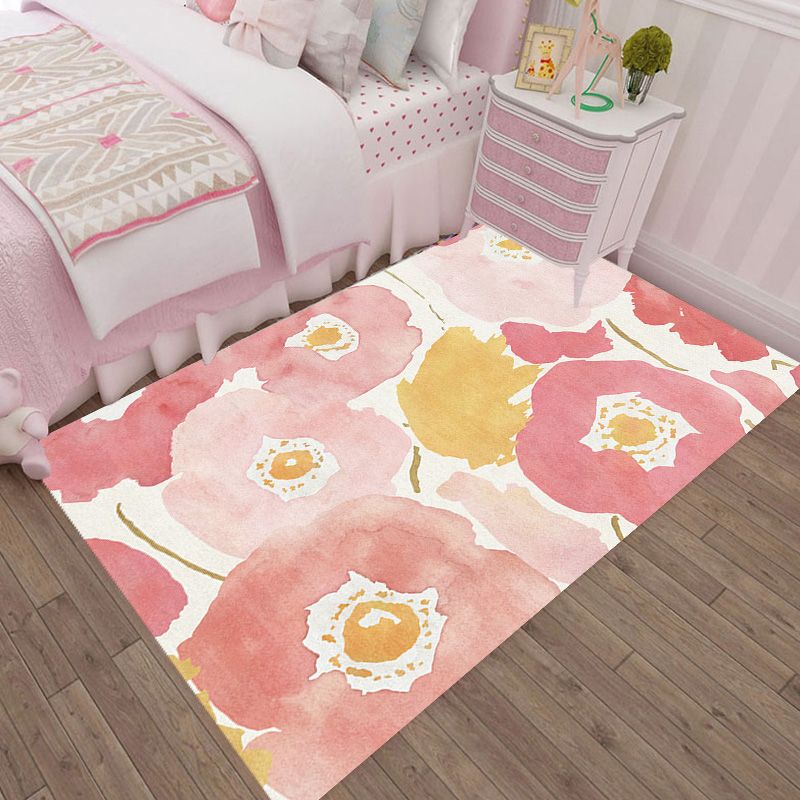 Pink Multicolor Floral Pattern Rug Polyester Contemporary Rug Washable Anti-Slip Pet Friendly Area Rug for Living Room