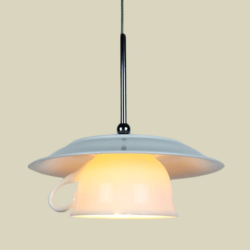 Ceramics Coffee Cup Hanging Light Kit Nordic 1-Head White Drop Pendant Lamp with Light Green Plate Top