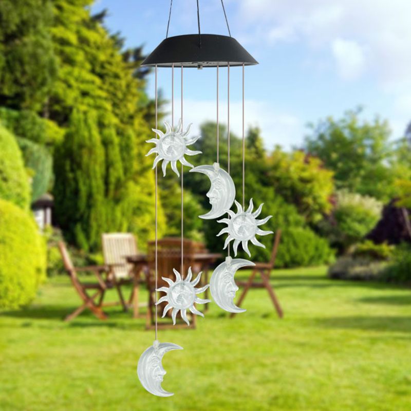 Black Sun and Moon Wind Chime Light Plastic Solar LED Pendant Lighting for Backyard