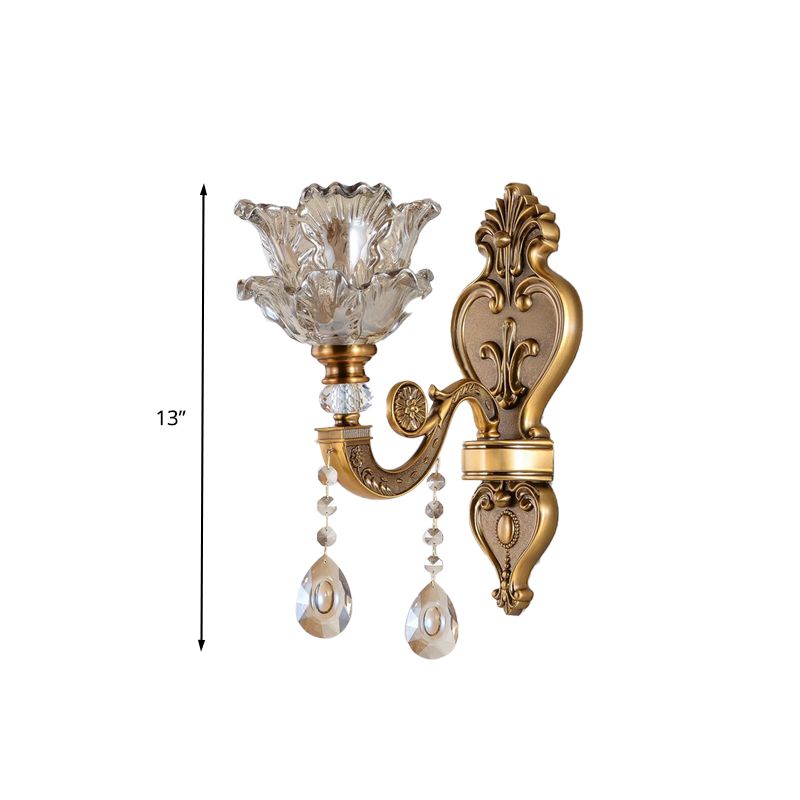 1/2 Bulbs Wall Light Sconce Traditional Living Room Wall Lighting Fixture with Blossom Water Glass Shade in Brass