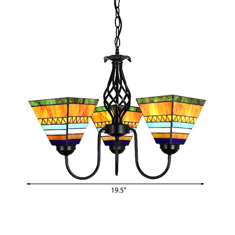3 Lights Pyramid Hanging Light with Gooseneck Mission Stained Glass Ceiling Chandelier in Orange