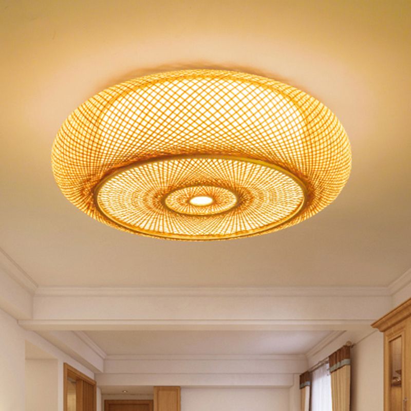 Handgemaakte slaapkamer inbouwlamp bamboe 16"/19,5" W 3-lichts plafondinbouwlamp met ronde kap in beige