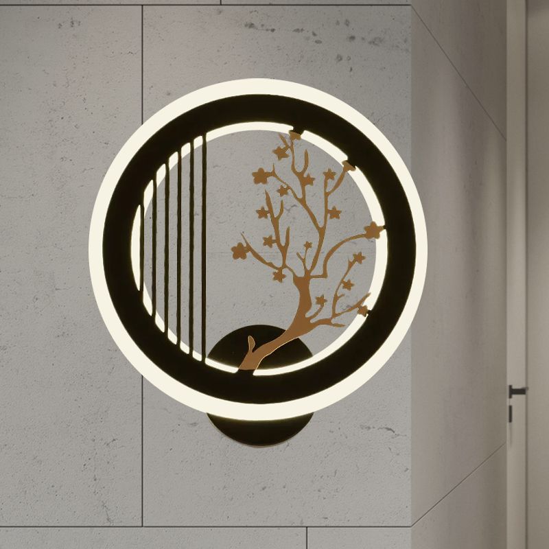 Asia LED Mural Light Fixture Black Plum Tree/Bamboo Patterned Round Wall Mounted Lamp with Acrylic Shade
