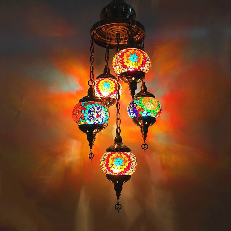 Oval Living Room Chandelier Lighting Traditional Stained Glass 5 Heads White/Orange/Blue Hanging Ceiling Light