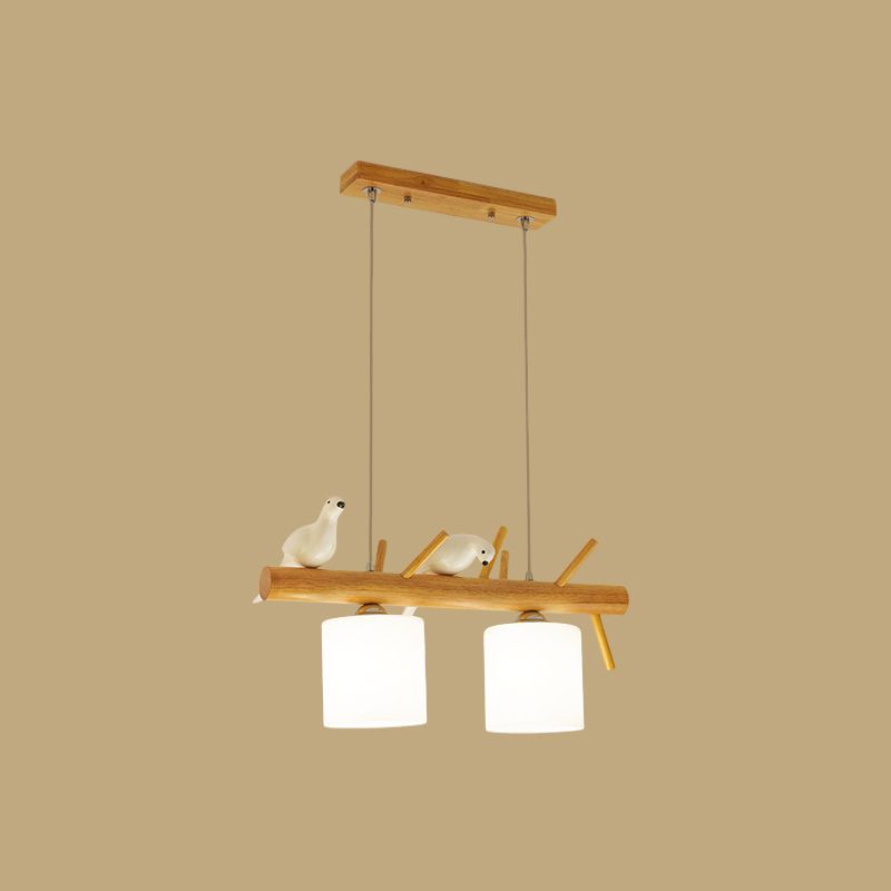 Beige Drum Island Lighting Ideas Simple 2/3 Heads Opaque Glass Pendant Lamp with Bird on Wood Branch Beam Design