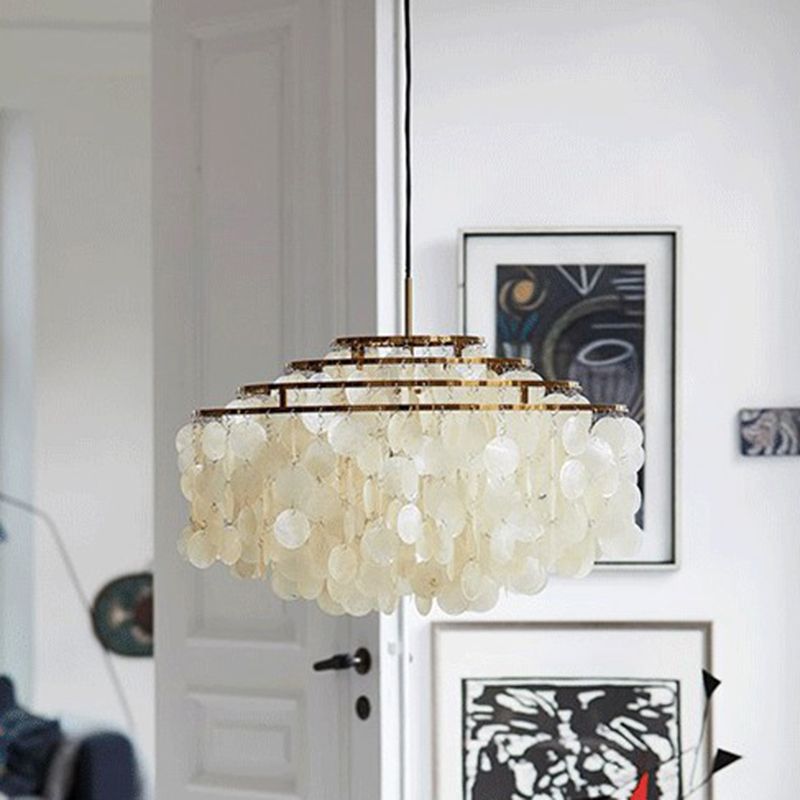 White 4 Layers Chandelier Vintage Shell 6-Light Dining Room Suspended Lighting Fixture