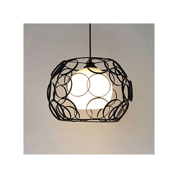 1 Light Metal Pendant Light Vintage Black/White Wire Frame Indoor Hanging Ceiling Light with Opal Glass Globe Shade