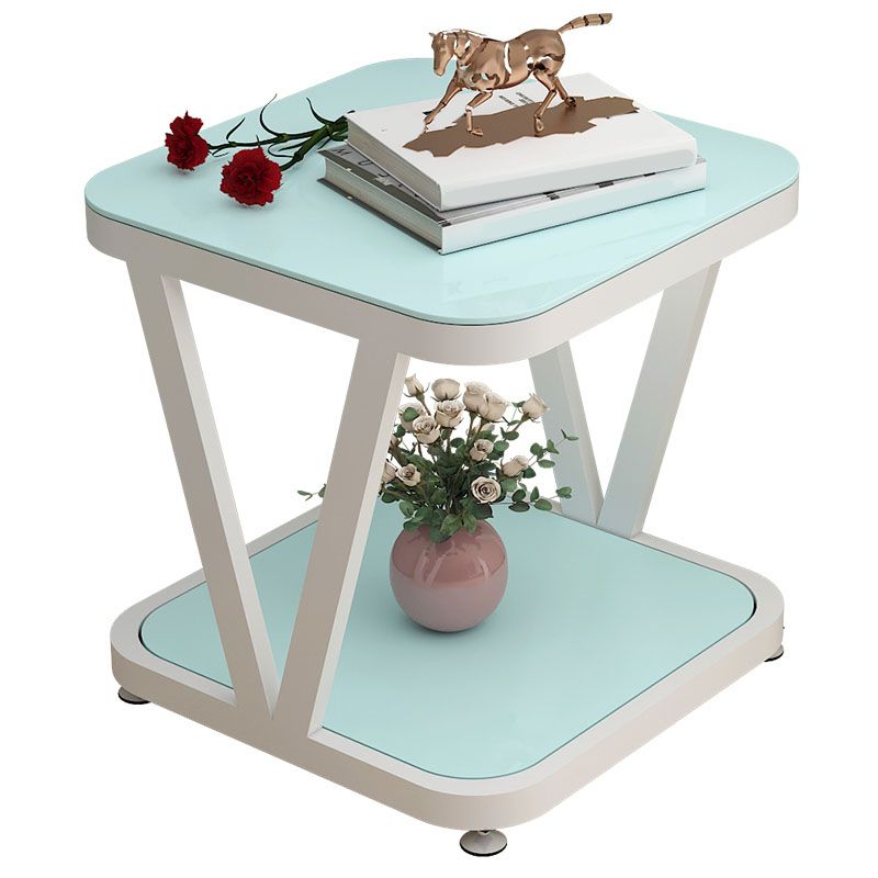 Square Glass Top Side Table 23.6" Tall Steel Trestle Base End Table with Shelf