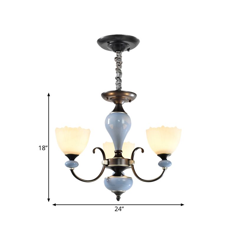 3/6 Heads Pendant Chandelier Countryside Bowl White Glass Ceiling Light in Black with Swooping Arm