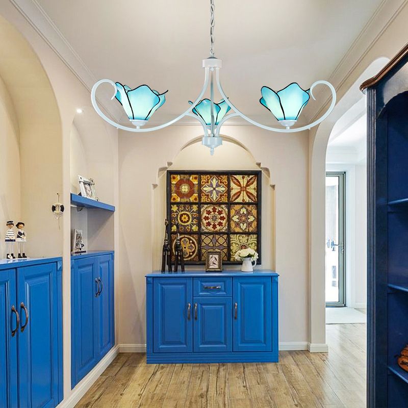 Stained Glass Petal Chandelier Light with Metal Chain Tiffany Rustic 3 Lights Foyer Pendant Light in Blue