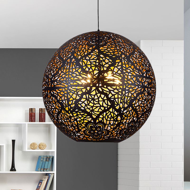 Globe Dining Room Pendant Chandelier Arab Iron 3 Lights Black Ceiling Suspension Lamp with Hollow-Out Design