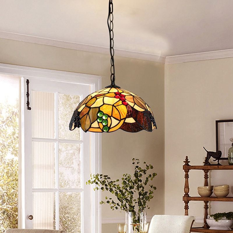 Tiffany 1-Light Pendant Lighting Grapes and Leaf Stained Glass Hanging Ceiling Light