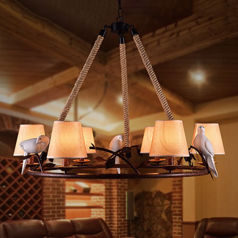 BEIGE 6 luci lampada lampadina tradizionale in tessuto in tessuto ruota lampada a ciondolo con tonalità cono
