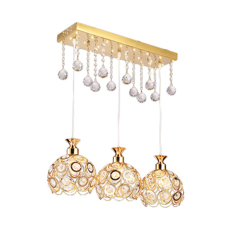 Gold Finish-Kuppelleiter-Anhänger moderner 3-Kopf-Kristall eingebetteter Hanglampe Kit