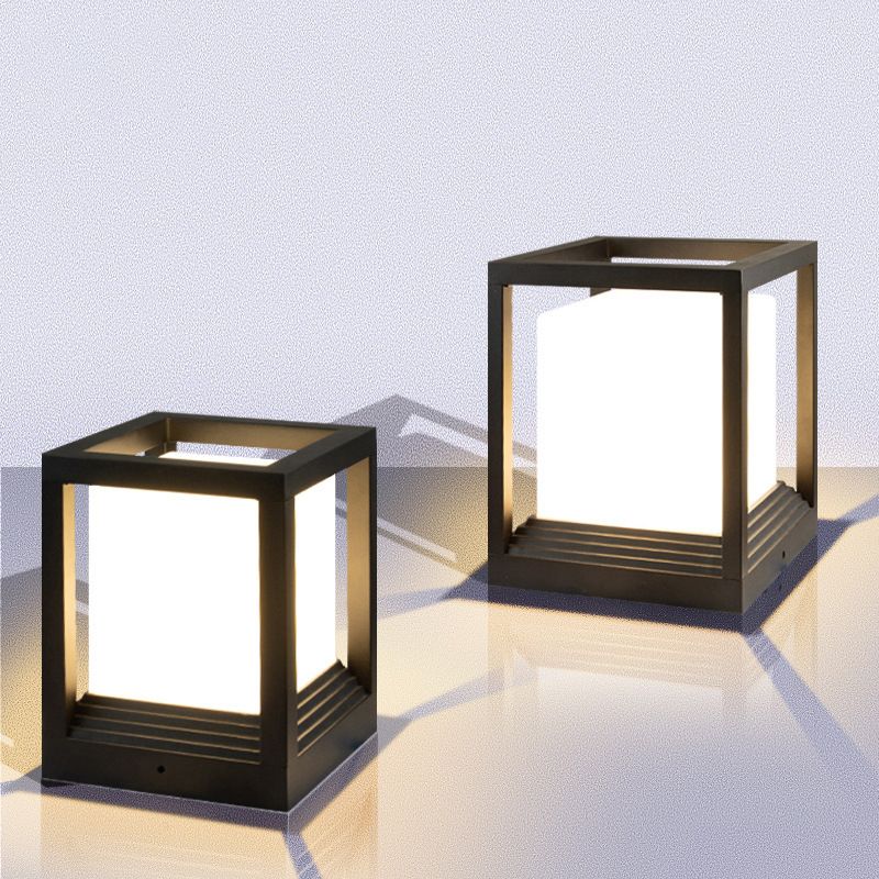 Metal Rectangular Shape Outdoor Lights Modern 1 Light Waterproof Pillar Lamp in Black