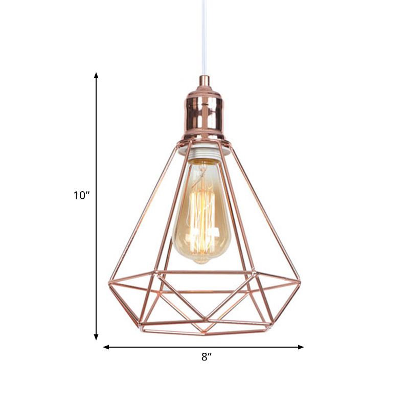 Caged Metal Pendant Light with Diamond Shape Industrial 1 Head Coffee Shop Ceiling Light Fixture in Rose Gold