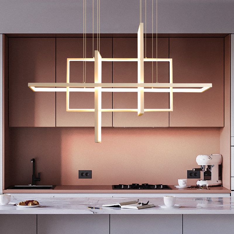 White Frame Rectangular Hanging Light Minimalism LED Acrylic Island Lighting Fixture