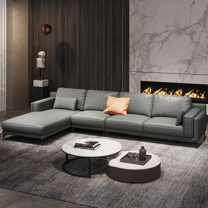 Square Arm Grey Pillowed Back Cushions Splayed Wooden Legs Sofa